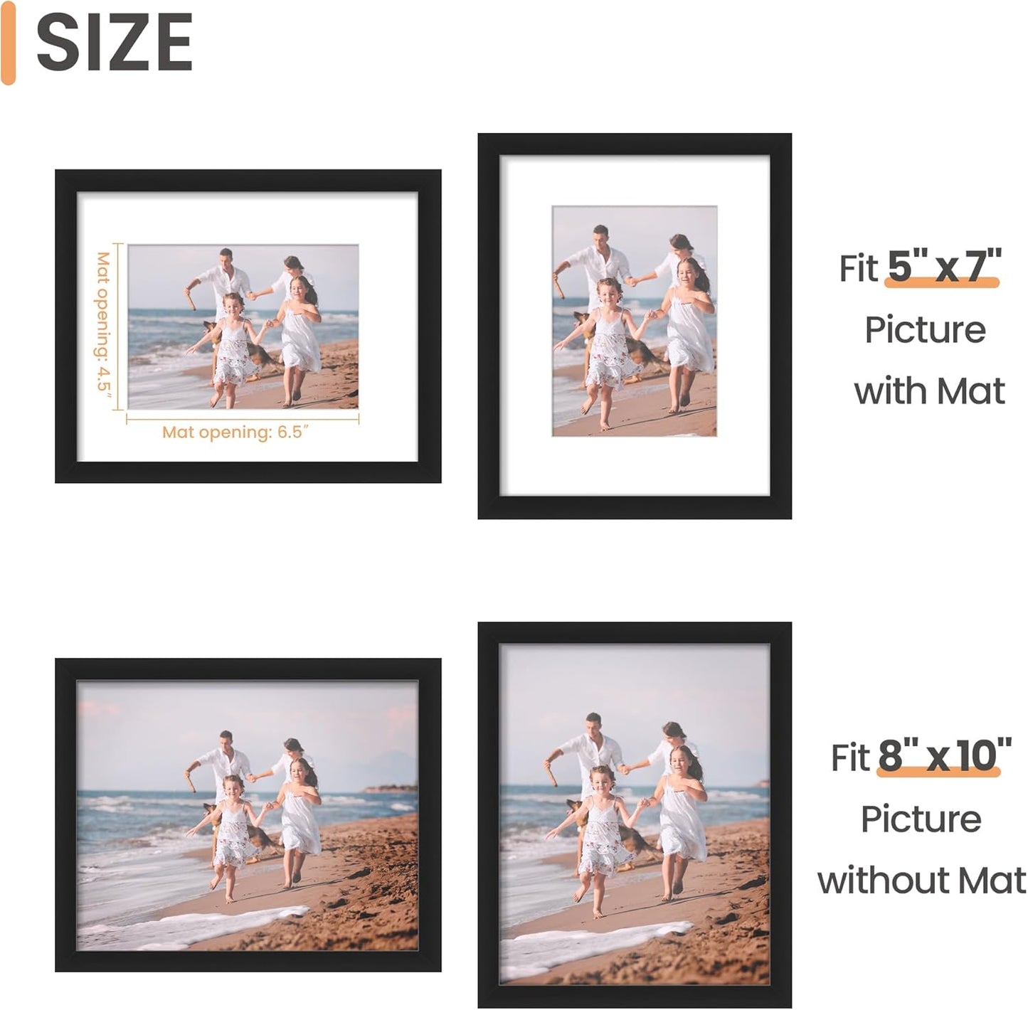 8x10 Black Picture Frame with Mat for 5x7 Photos or Without Mat for 8x10 Photos, Wall Hanging, Single Pack