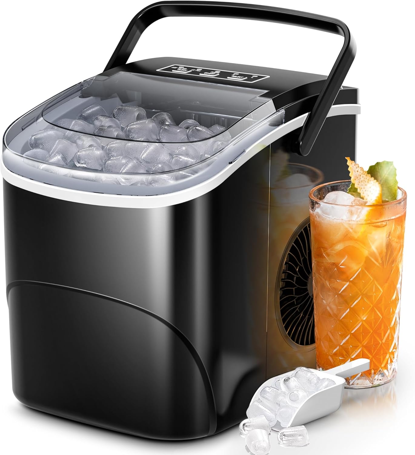 Portable Countertop Ice Maker - 26Lbs/24H, 9 Cubes in 6 Mins, Self-Cleaning, 2 Sizes of Bullet Ice - Perfect for Home Kitchen (Black)