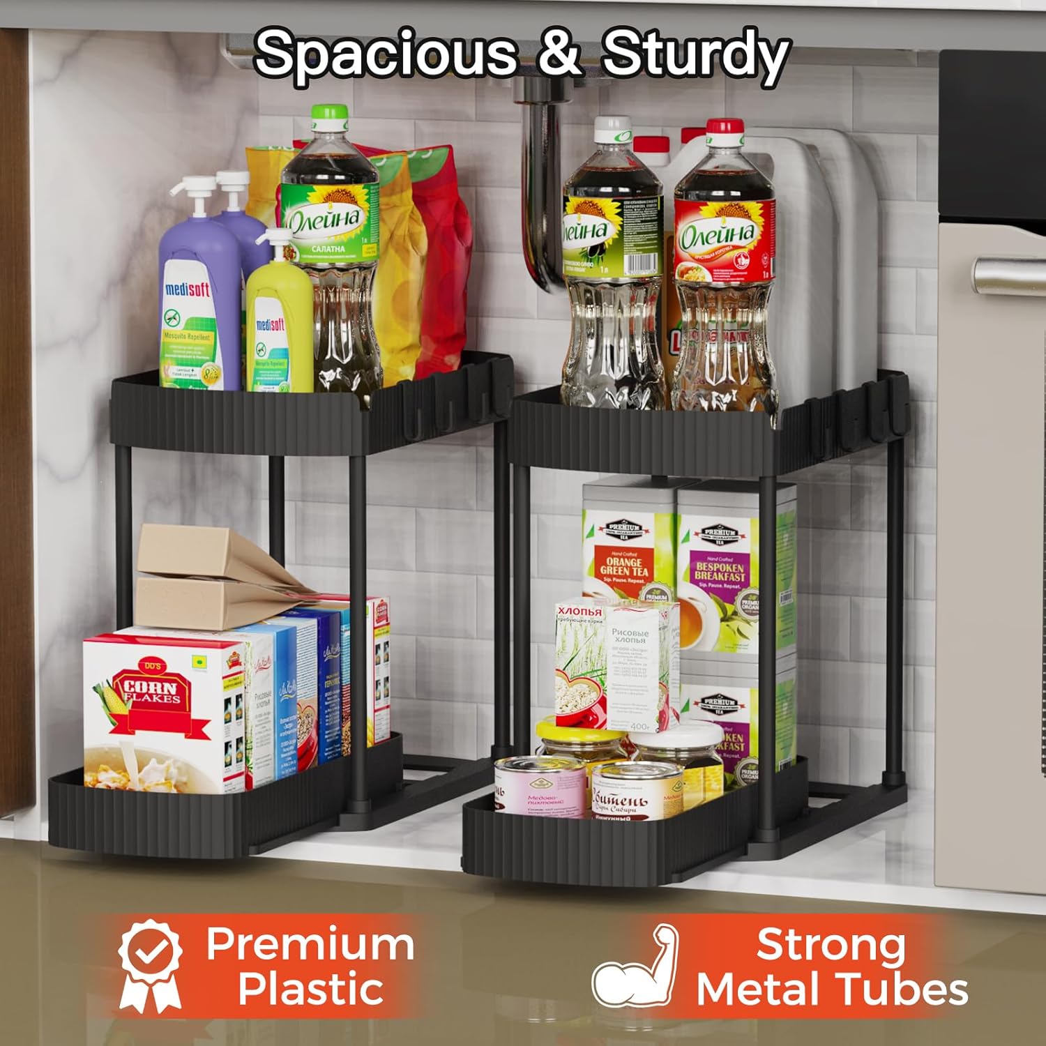 Maximize Your Space: 2 Pack Multi-Purpose Pull-Out Under Sink Organizers for Bathroom & Kitchen - 12.8 Inch Black Storage Solutions