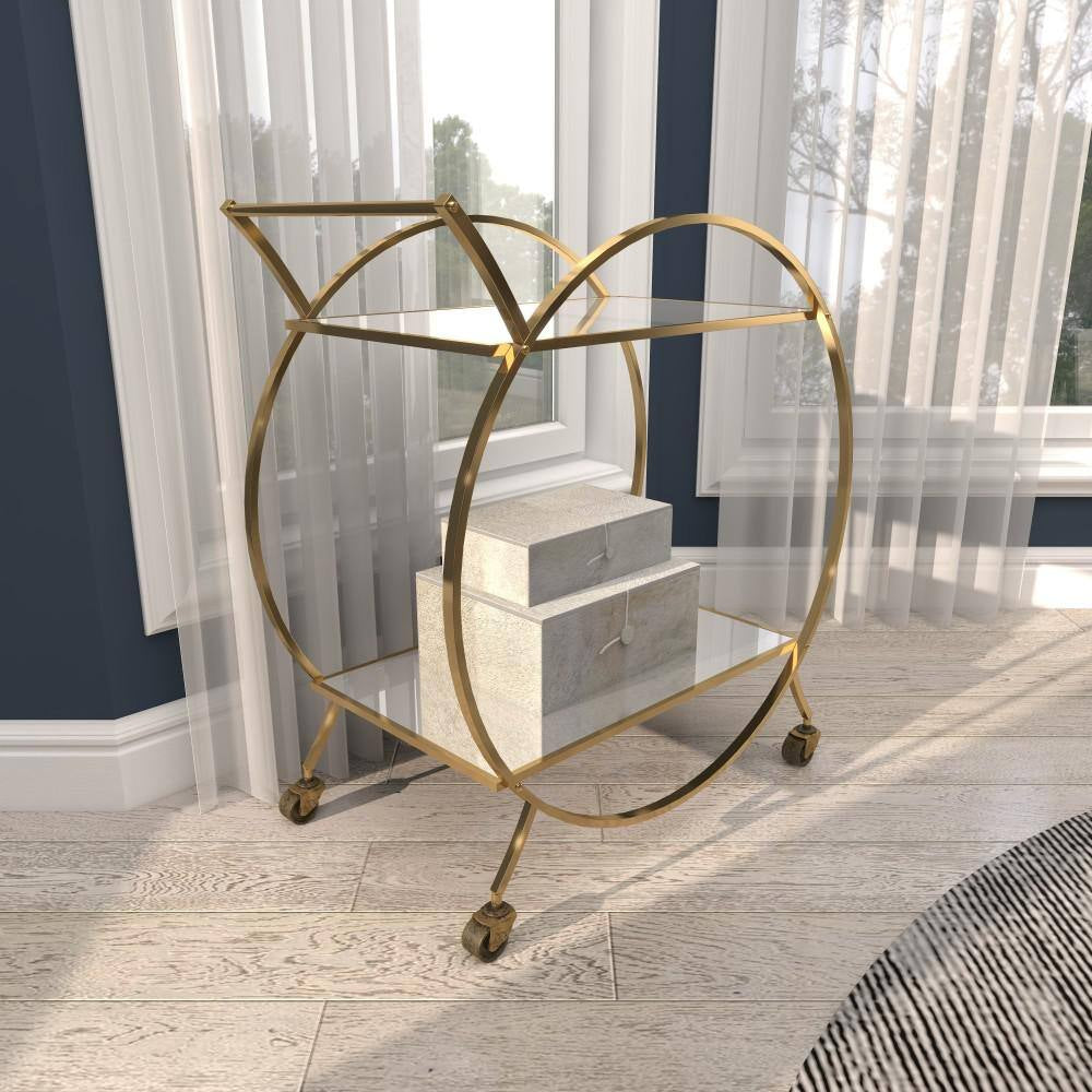 30 In. H Gold Rolling 2 Mirrored Shelves Bar Cart with Wheels and Handle