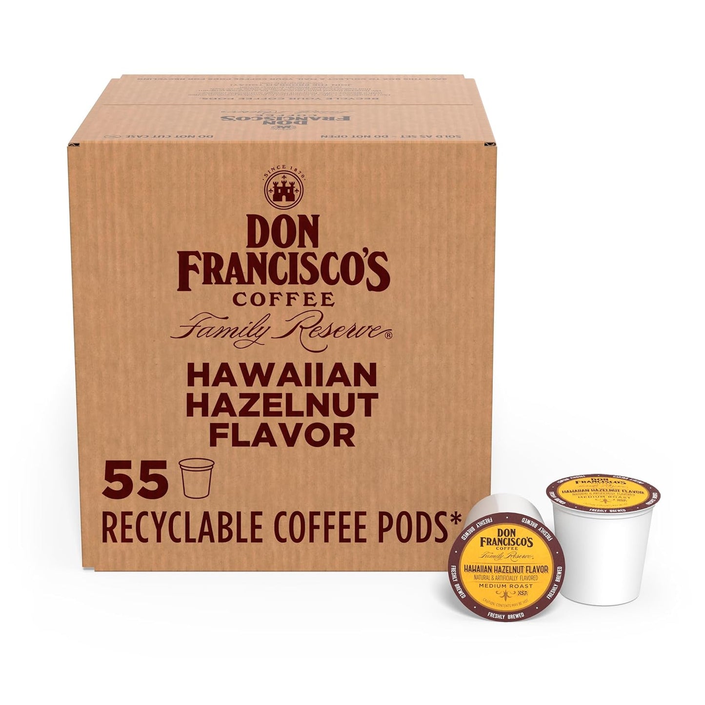 Hawaiian Hazelnut Medium Roast Coffee - 55 K-Cup Compatible Single-Serve Pods - 100% Arabica with Coconut Flavor - Recyclable through Terracycle