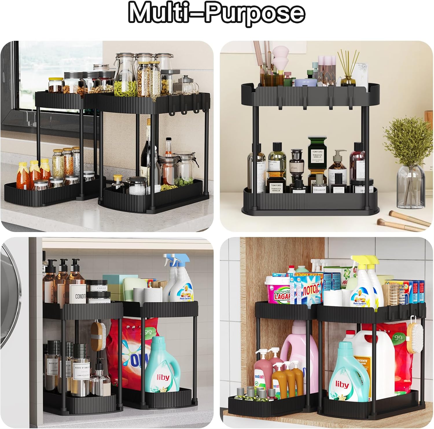 Maximize Your Space: 2 Pack Multi-Purpose Pull-Out Under Sink Organizers for Bathroom & Kitchen - 12.8 Inch Black Storage Solutions