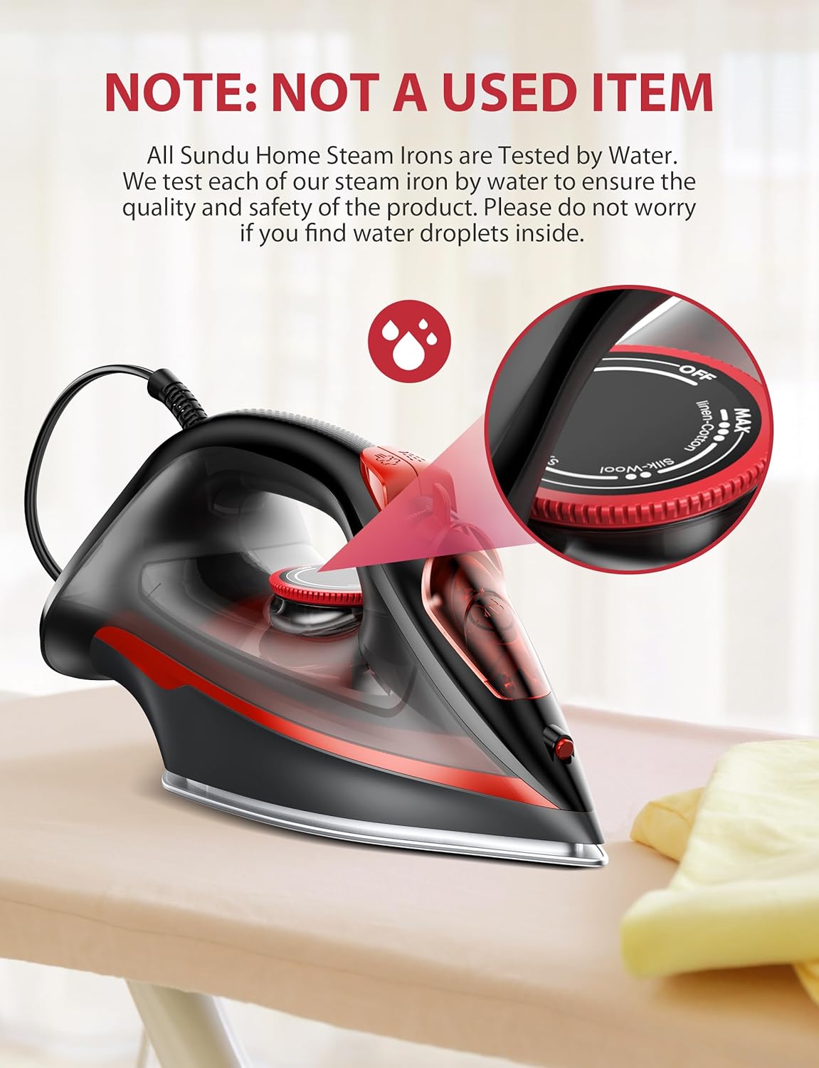 Powerful 1500W Steam Iron, Self-Cleaning with Rapid Heating Ceramic Soleplate, Precise Thermostat, & Auto-Off Features - Perfect for Effortless Home Ironing, Red