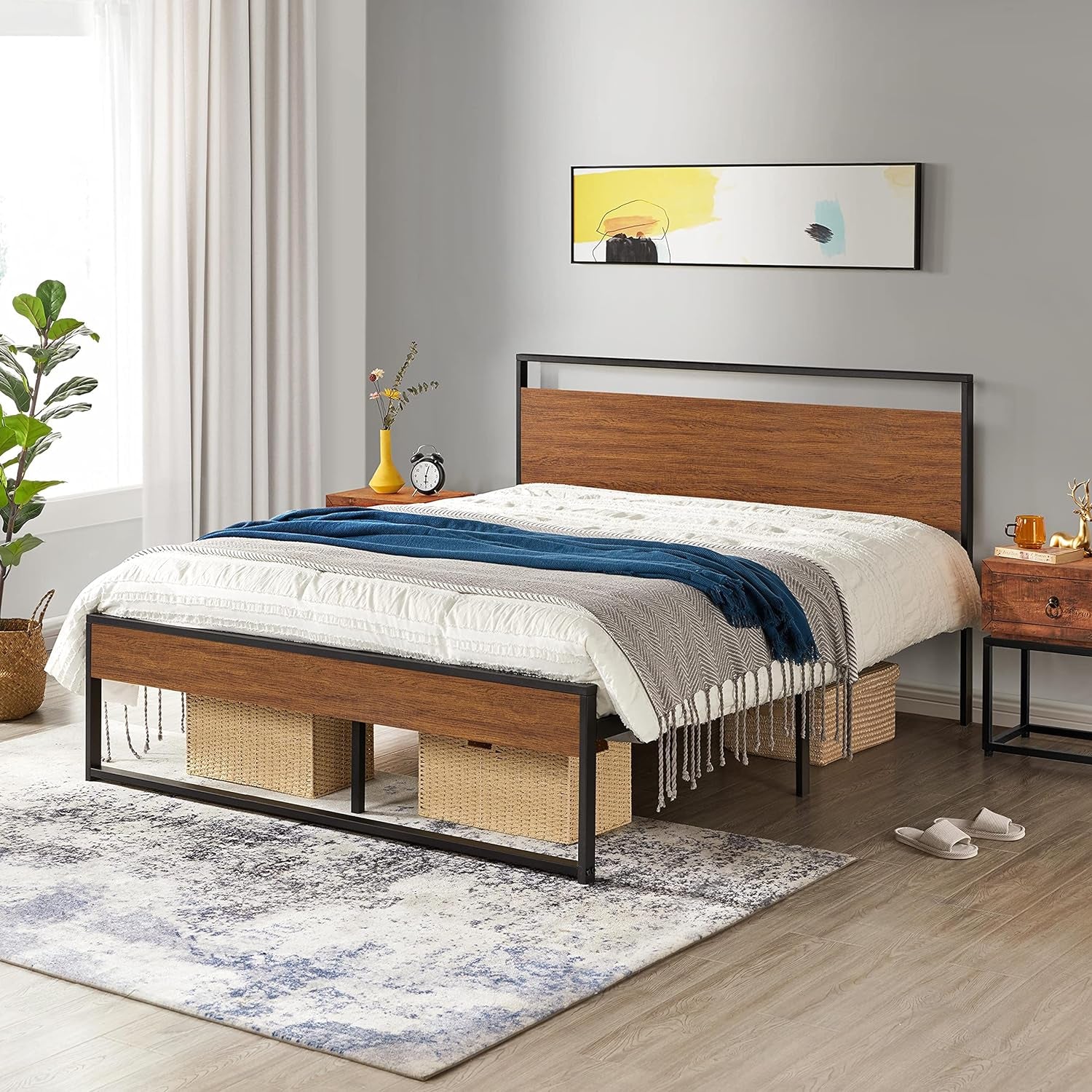 Queen Metal Platform Bed Frame with Rustic Wooden Headboard and Footboard, Mattress Foundation/No Box Spring Needed/12 Inch Underbed Storage/Slats Support/No Noise/Easy Assembly, Walnut