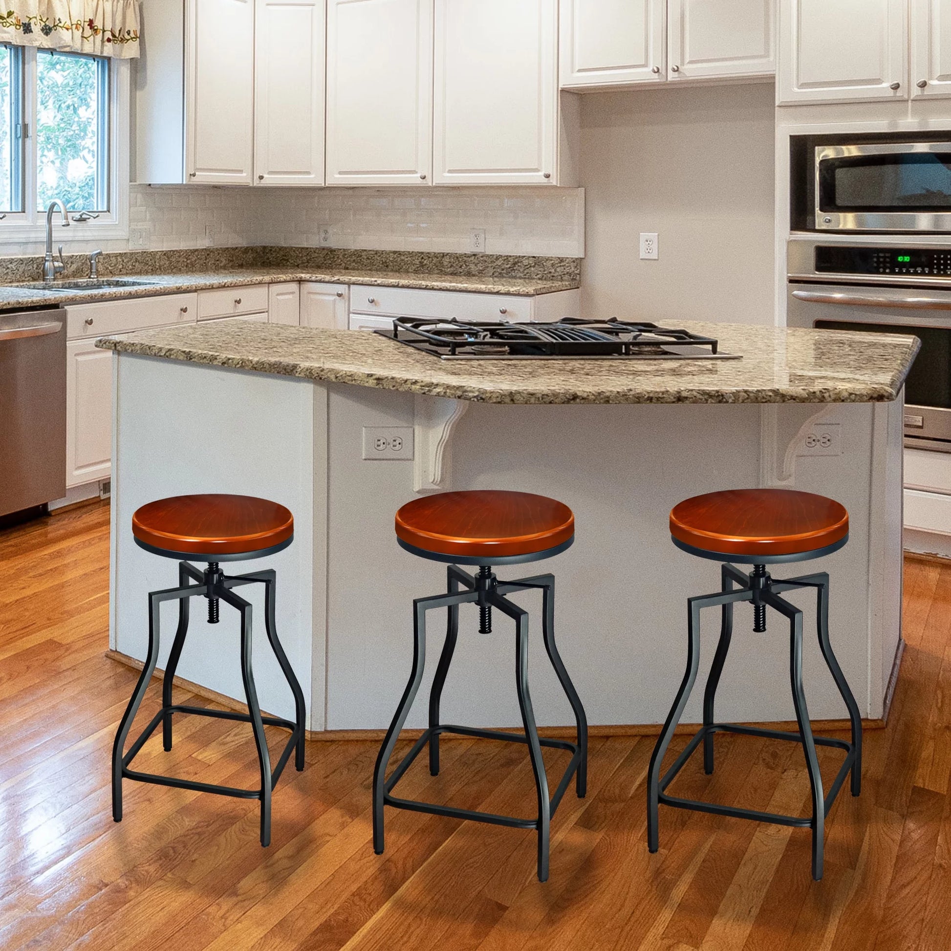 Industrial Adjustable Swivel Metal Kitchen Counter Stool with Wood Veneer Seat, Rustic Brown and Black, Set of 3