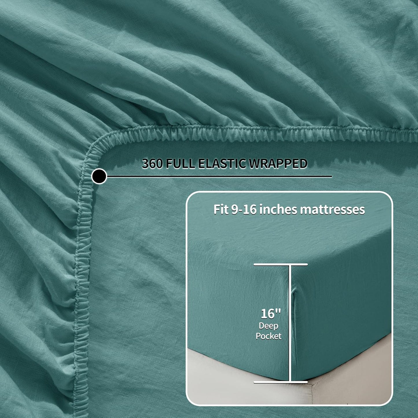 LBR02M 100% Linen Sheet Set Full Size,Bed Sheets 4 Piece Sets,Solid Color Natural Flax Bed Sheets Soft Breathable Bedding,16" Deep Pocket,All Season (Full, Aqua)