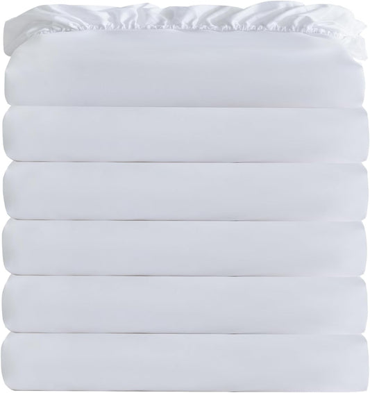 Soft Brushed Microfiber Twin Fitted Sheets - 6 Pack Bulk Bottom Sheets with Color-Coded Labels for Home, Hotel & Airbnb - White Bedding Essentials