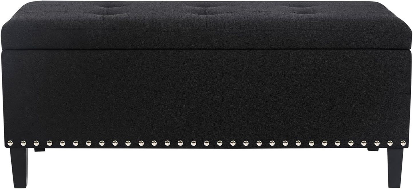 41 Inch Storage Ottoman Bench, Cotton Linen Rectangle Tufted Long Foot Stool for Bedroom, End Foot of Bed, Black