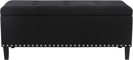 41 Inch Storage Ottoman Bench, Cotton Linen Rectangle Tufted Long Foot Stool for Bedroom, End Foot of Bed, Black