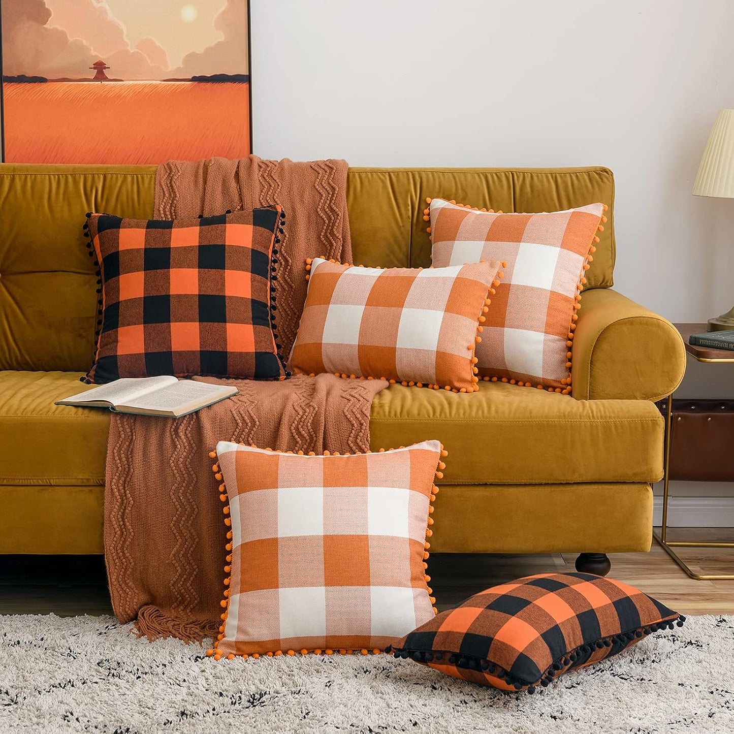 Set of 2 Fall Throw Pillow Covers 18X18 Inch Buffalo Plaid Check Pillow Covers with Pom-Poms Decorative Couch Throw Pillows Farmhouse Cushion Cases for Sofa Orange and White