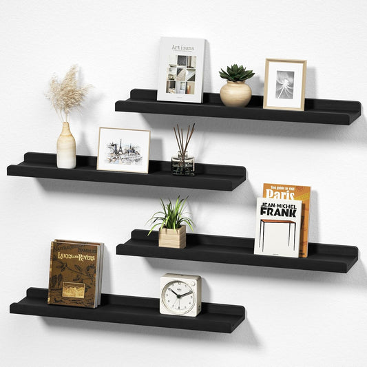 Black Long Floating Shelves for Wall 24 Inch Set of 4, Rustic Wall Shelves with Lip,Wood Hanging Shelves for Bedroom Bathroom Living Room Kitchen Nursery Display