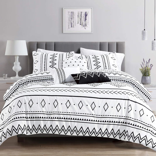 Aztec Comforter Sets - Luxury Full Size Microfiber Bedding for Queen and King Size Beds - Boho Black and White Patterns - 6 Piece Set (King)