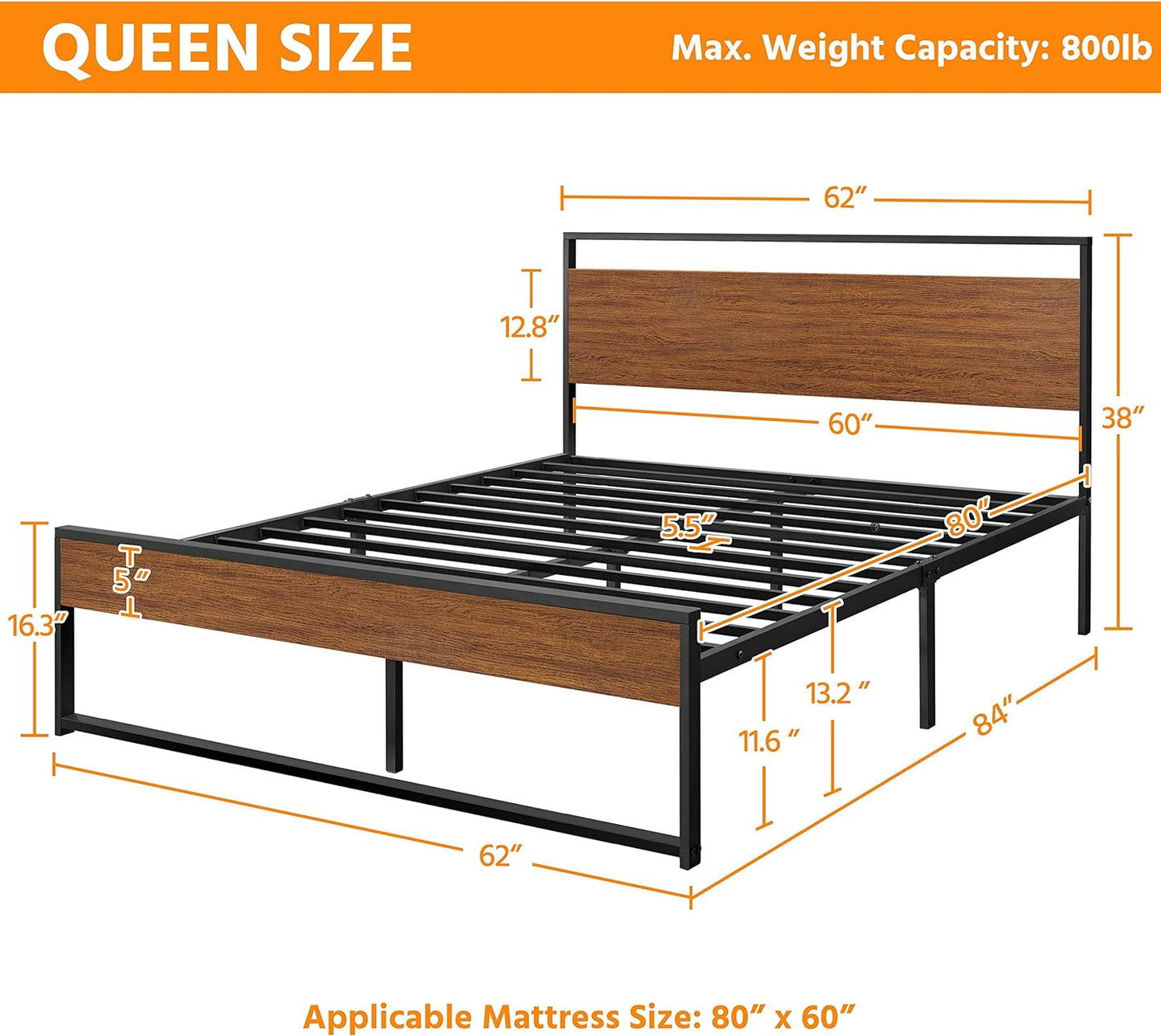 Queen Metal Platform Bed Frame with Rustic Wooden Headboard and Footboard, Mattress Foundation/No Box Spring Needed/12 Inch Underbed Storage/Slats Support/No Noise/Easy Assembly, Walnut