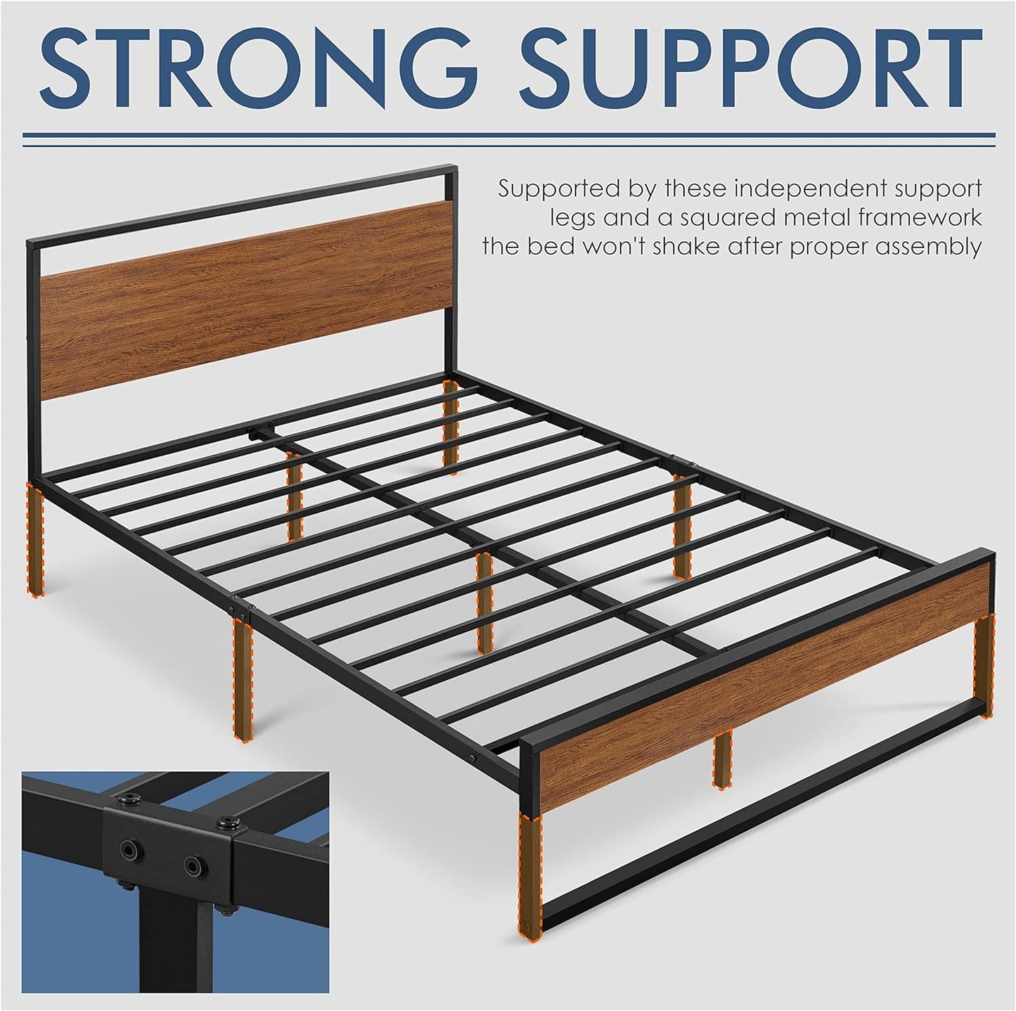 Queen Metal Platform Bed Frame with Rustic Wooden Headboard and Footboard, Mattress Foundation/No Box Spring Needed/12 Inch Underbed Storage/Slats Support/No Noise/Easy Assembly, Walnut