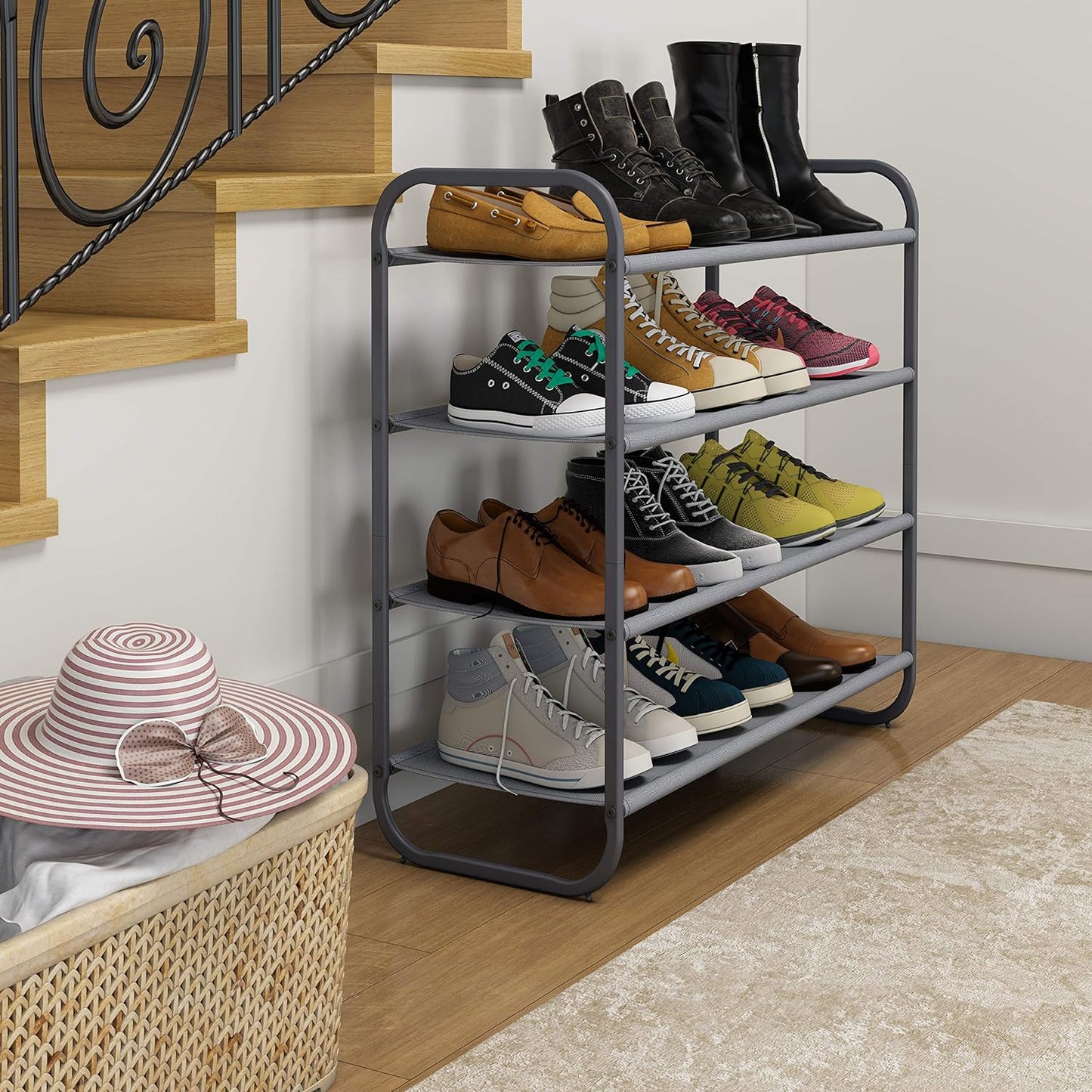 4 Tier Shoe Rack Storage Organinzer 4 Shelf Shoe Rack Organizer，Entrance Fabric Shoe Shelf Small for Closet Entryway Hallway Bedroom(Dark Grey)