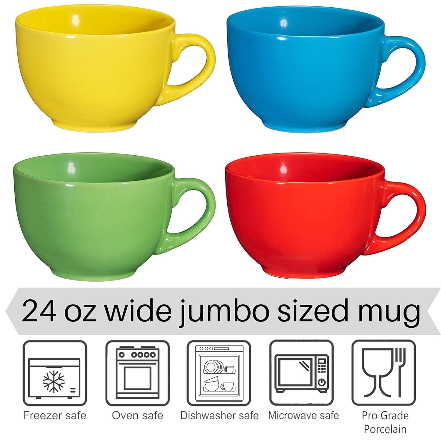 24 Oz Jumbo Coffee Mug Set of 4, 24 Ounce Microwavable, Porcelain Coffee Cups with Big Handle - Modern, Unique Style for Any Kitchen, Microwave Safe Coffee Mug for Your Christmas, Birthday G