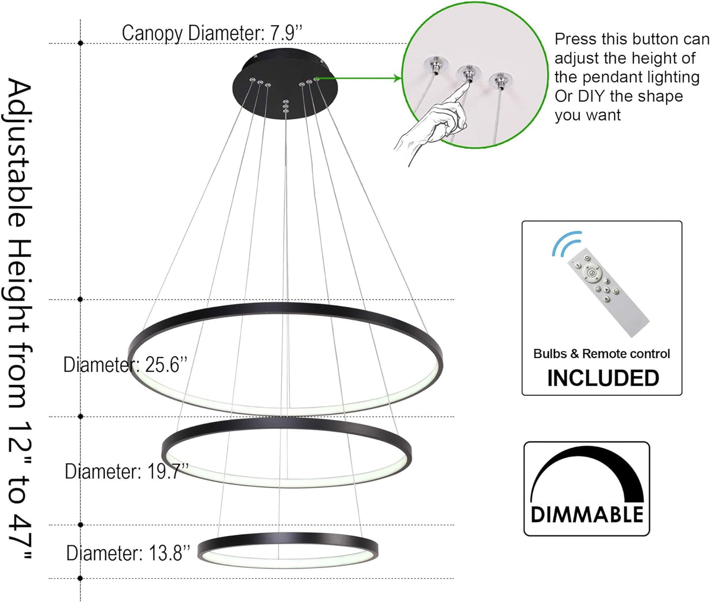 Modern LED Chandelier Lighting Dimmable Ceiling Dining Room Chandeliers Contemporary Living Room Light Fixtures Hanging 3 Ring Foyer Bedroom Pendant Lights Cool White Black