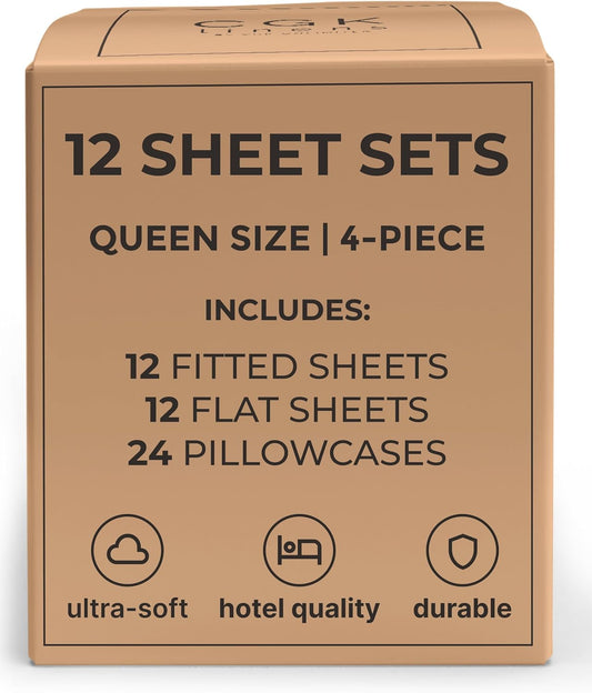 Premium Bulk Pack of 12 Queen Size Sheet Sets - Perfect for Hotels & Airbnbs - Exceptional Value in Classic White