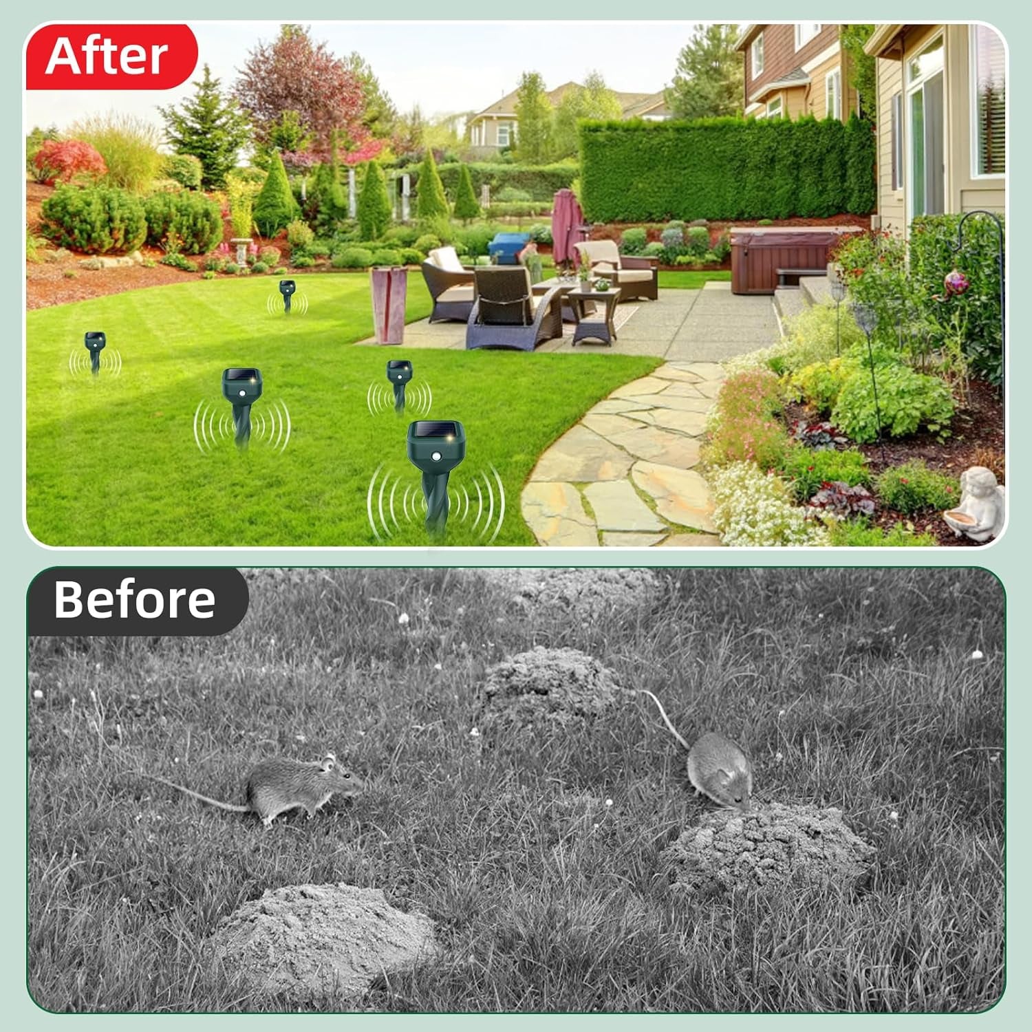 Solar-Powered Ultrasonic Mole Repellent Stakes - 4 Pack Waterproof Sonic Deterrents for Snakes, Groundhogs, Gophers, and Voles - Perfect for Lawns, Gardens & Yards