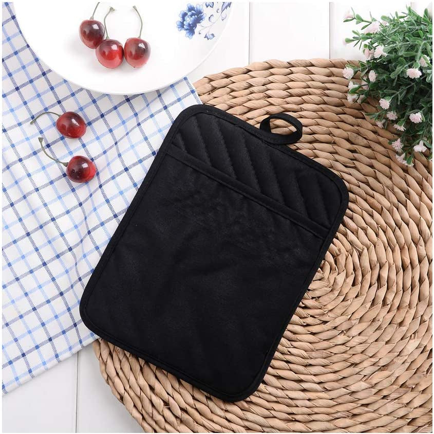 Pot Holders for Kitchen Heat Resistant, Cotton Hot Pads for Kitchen Counter Table, Black Kitchen Pot Holders with Pocket