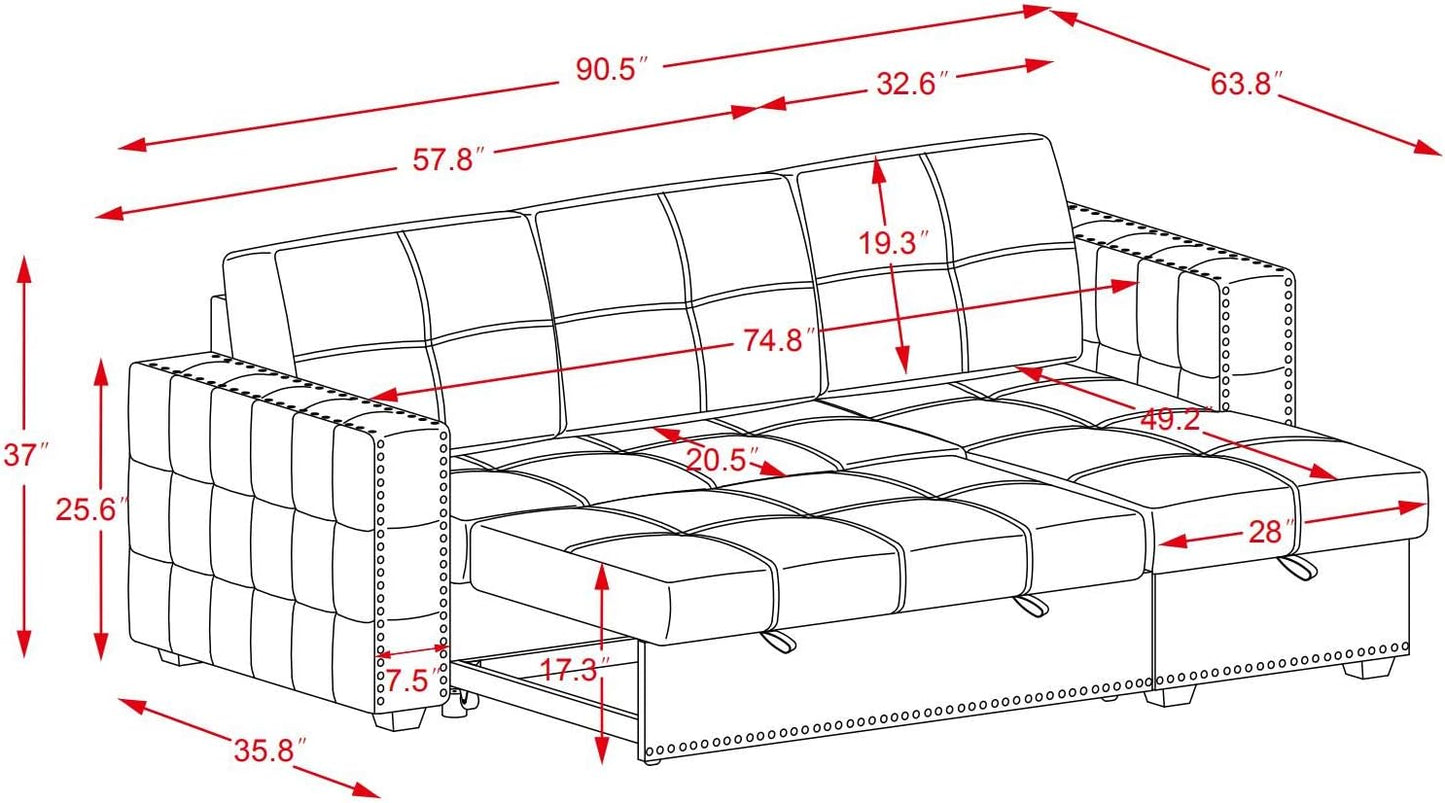 Couches for Living Room,Pull Out Sofa Bed Sectional Sleeper with Storage (Gray, 91×64)