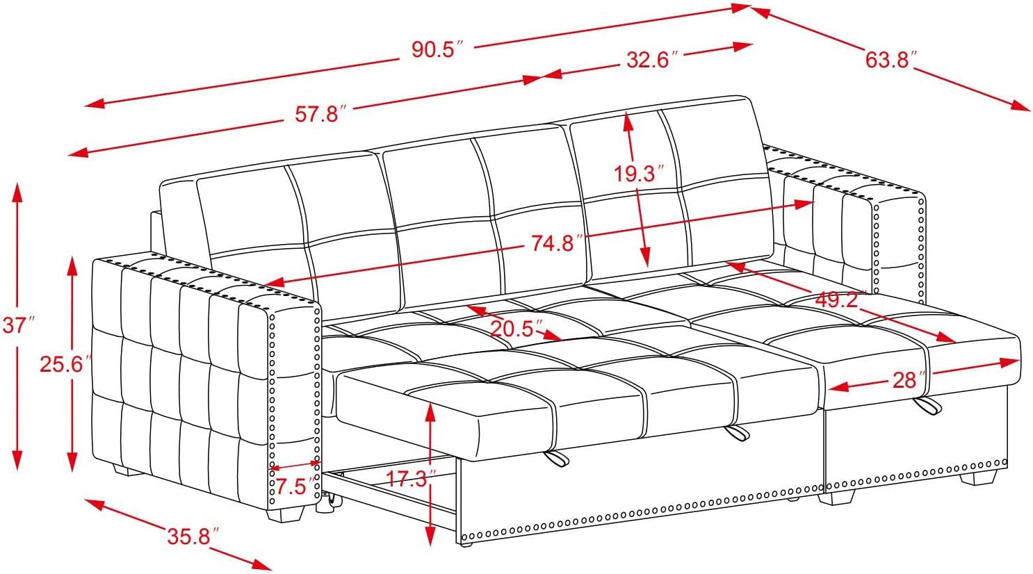 Couches for Living Room,Pull Out Sofa Bed Sectional Sleeper with Storage (Gray, 91×64)