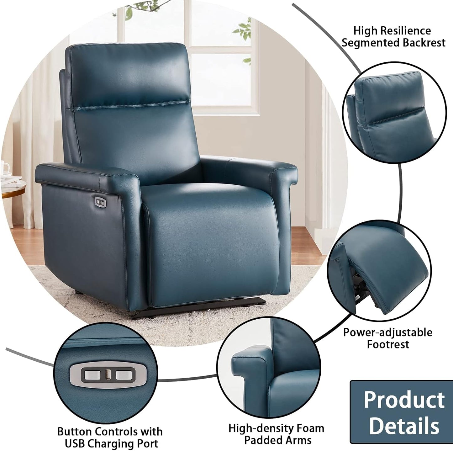 Electric Power Recliner Chair, Mid-Century Design Faux Leather Recliner, USB Charge Ports, Ergonomic Lounge Single Sofa for Bedroom, Living Room Chair, Blue