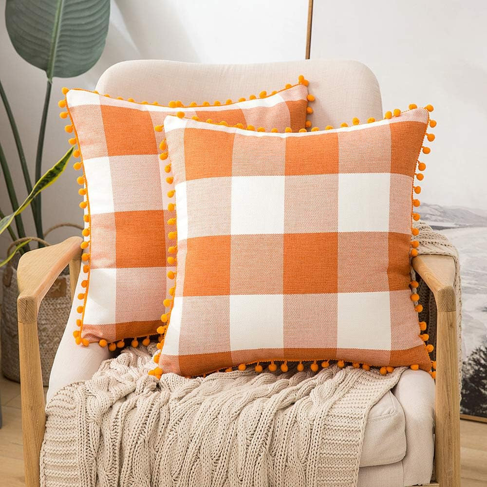 Set of 2 Fall Throw Pillow Covers 18X18 Inch Buffalo Plaid Check Pillow Covers with Pom-Poms Decorative Couch Throw Pillows Farmhouse Cushion Cases for Sofa Orange and White