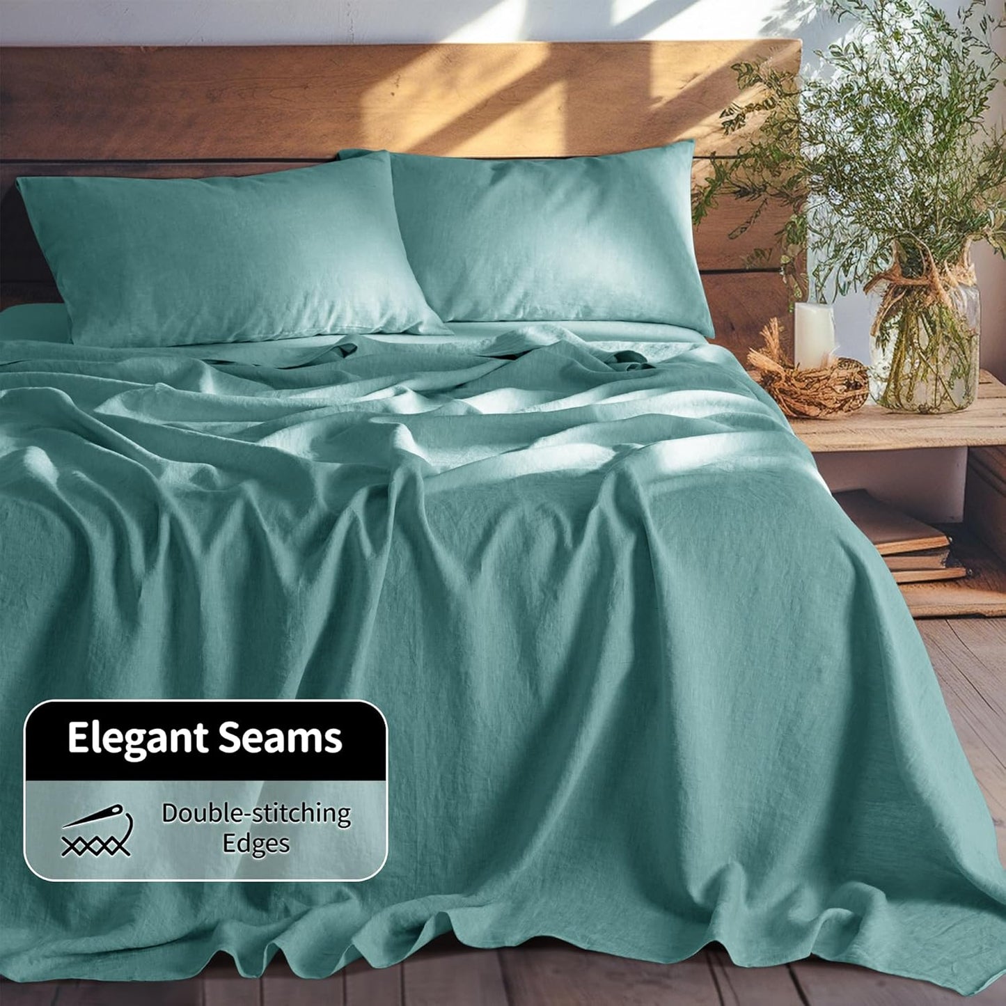 LBR02M 100% Linen Sheet Set Full Size,Bed Sheets 4 Piece Sets,Solid Color Natural Flax Bed Sheets Soft Breathable Bedding,16" Deep Pocket,All Season (Full, Aqua)