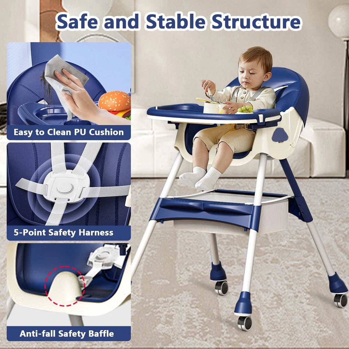 Portable High Chair with Wheels, Foldable Travel High Chair for Babies Toddlers, Blue