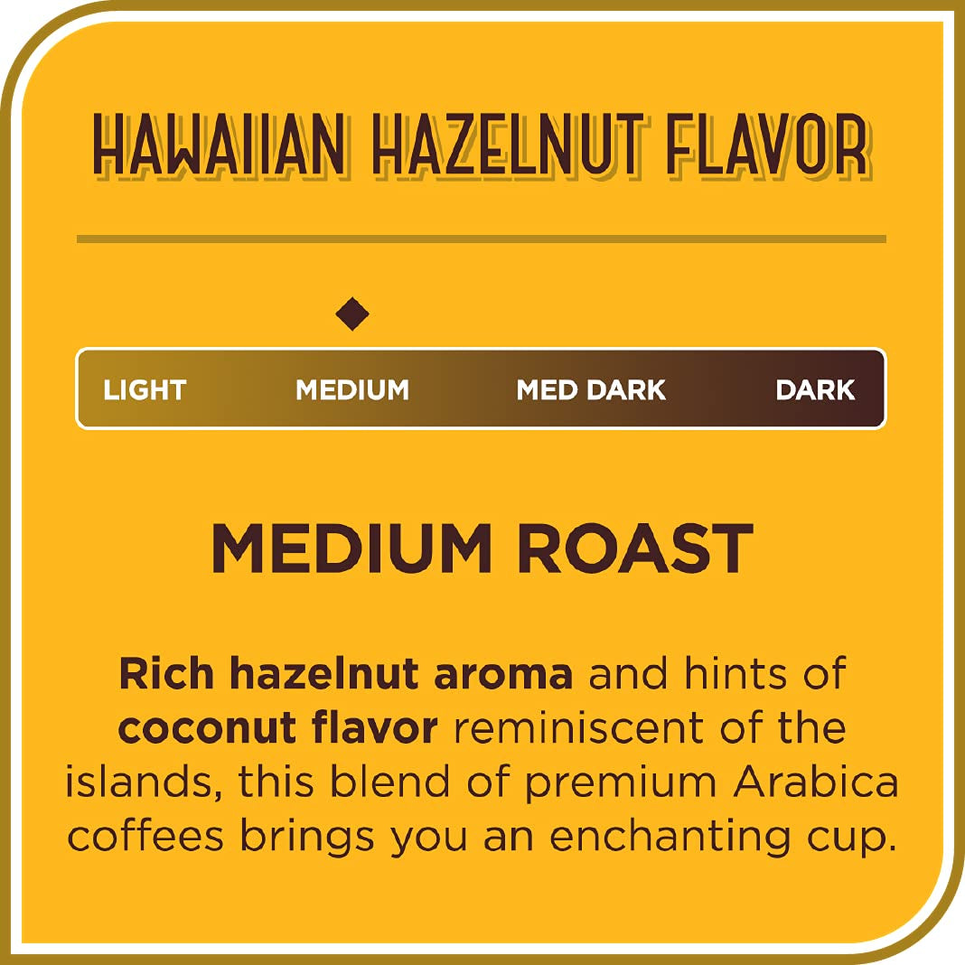 Hawaiian Hazelnut Medium Roast Coffee - 55 K-Cup Compatible Single-Serve Pods - 100% Arabica with Coconut Flavor - Recyclable through Terracycle