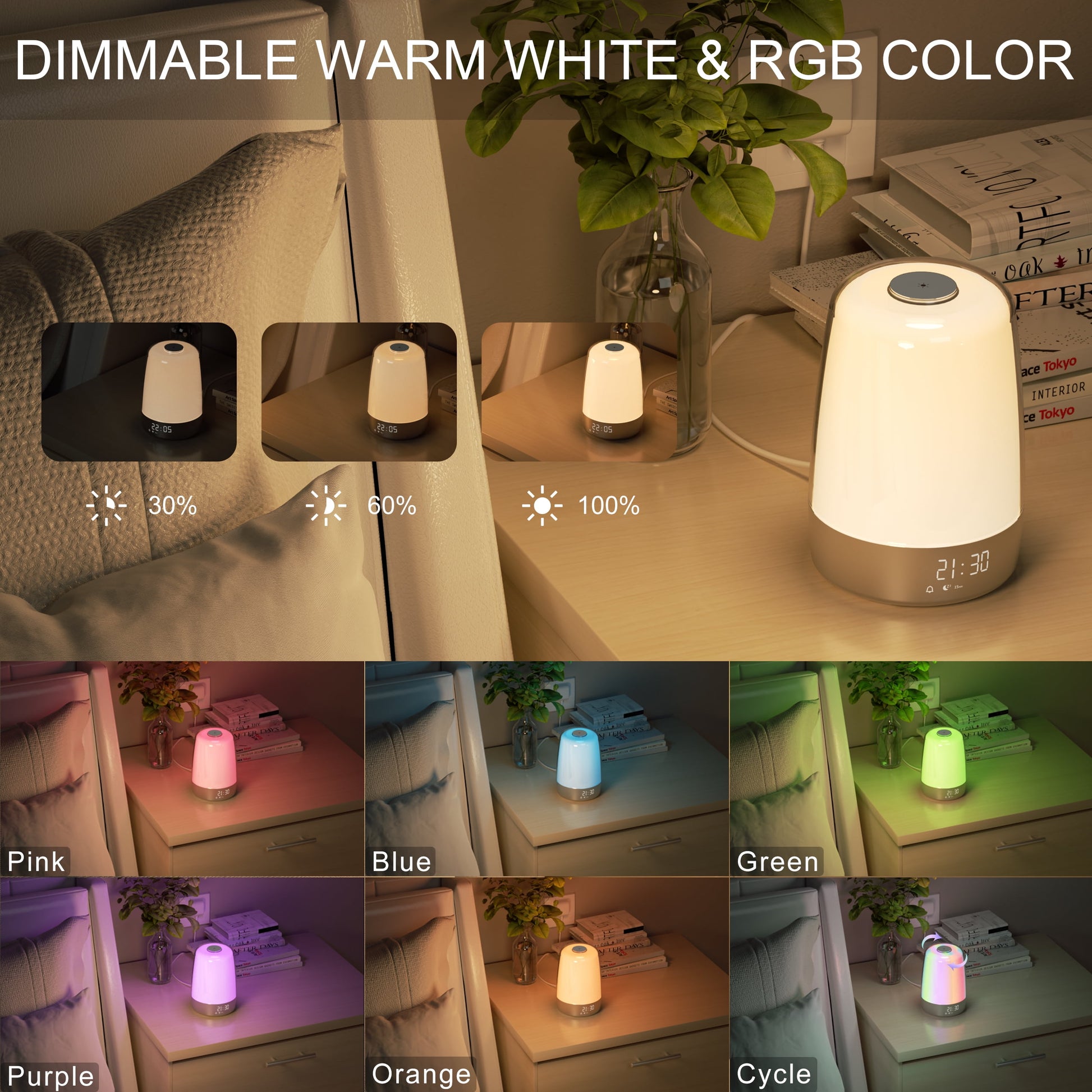 Sunrise Alarm Clock, Wake up Light Alarm Clock, 3 Ways Dimmable Modern Small Digital RGB Bedside Lamp for Heavy Sleeper