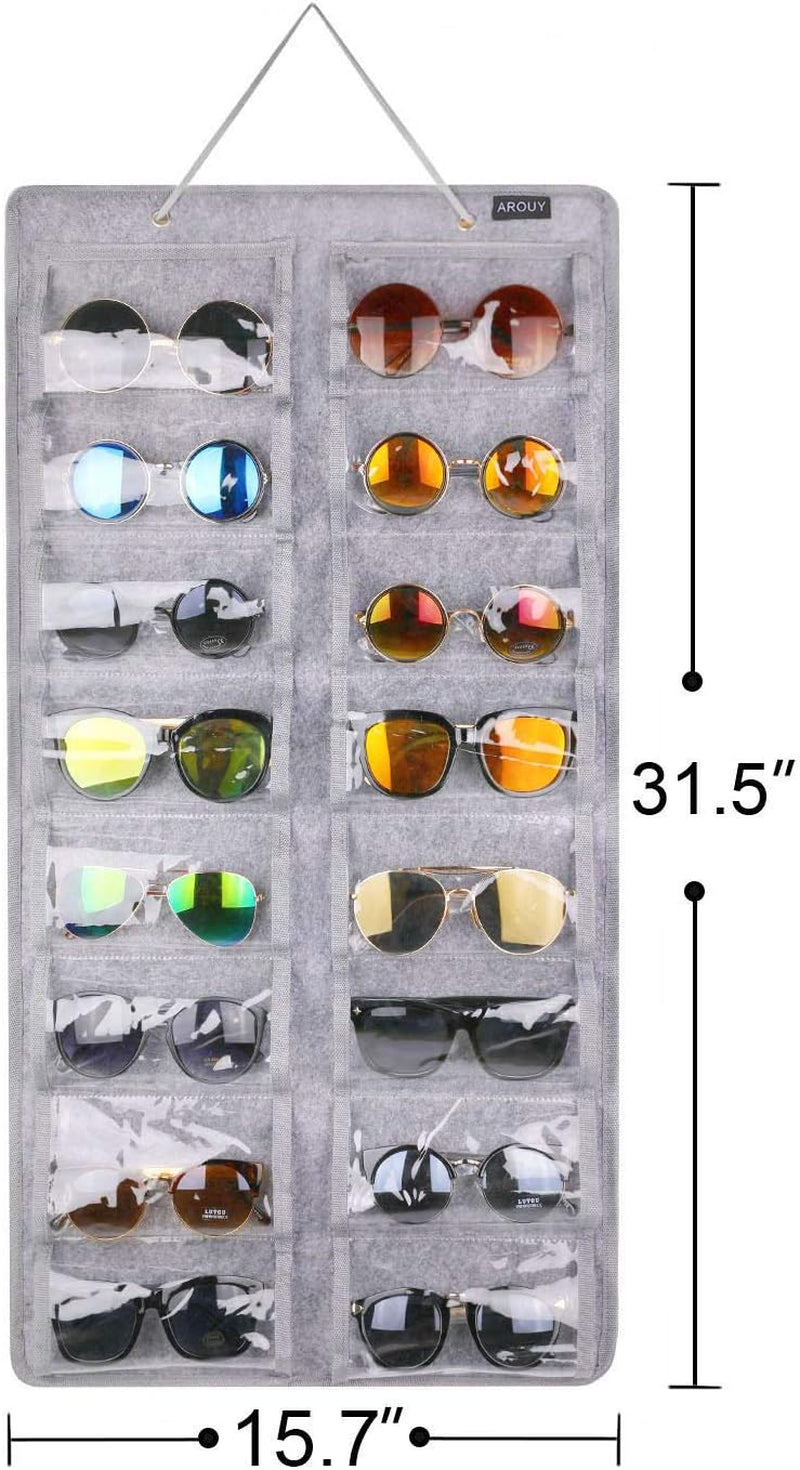 Sunglasses Organizer Storage, Hanging Dust Proof Wall Pocket Glasses Organizer - 16 Felt Slots Sunglass Organizer Holder with Metal Hook and Sturdy Rope (Gray, Dust Proof)