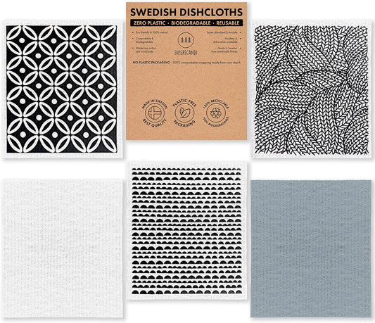 5 Pack Swedish Dishcloths for Kitchen - 100% Biodegradable & Compostable, Reusable Paper Towels Washable, Food-Safe & without Plastic - Dish Rags Suitable for Any Surface, Scandi White