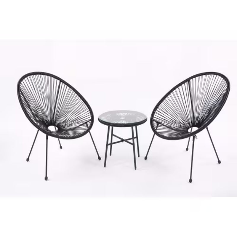 3 Piece Terrace Bistro Conversation Set with Side Table, Outdoor Flexible Rope Furniture with Coffee Table