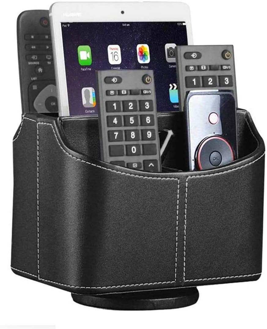 Leather Remote Control Holder, 360 Degree Spinning Desk TV Remote Caddy/Box,Bedside Table Organizer for Controller, Media, Mail, Calculator, Mobile Phone and Pen Storage