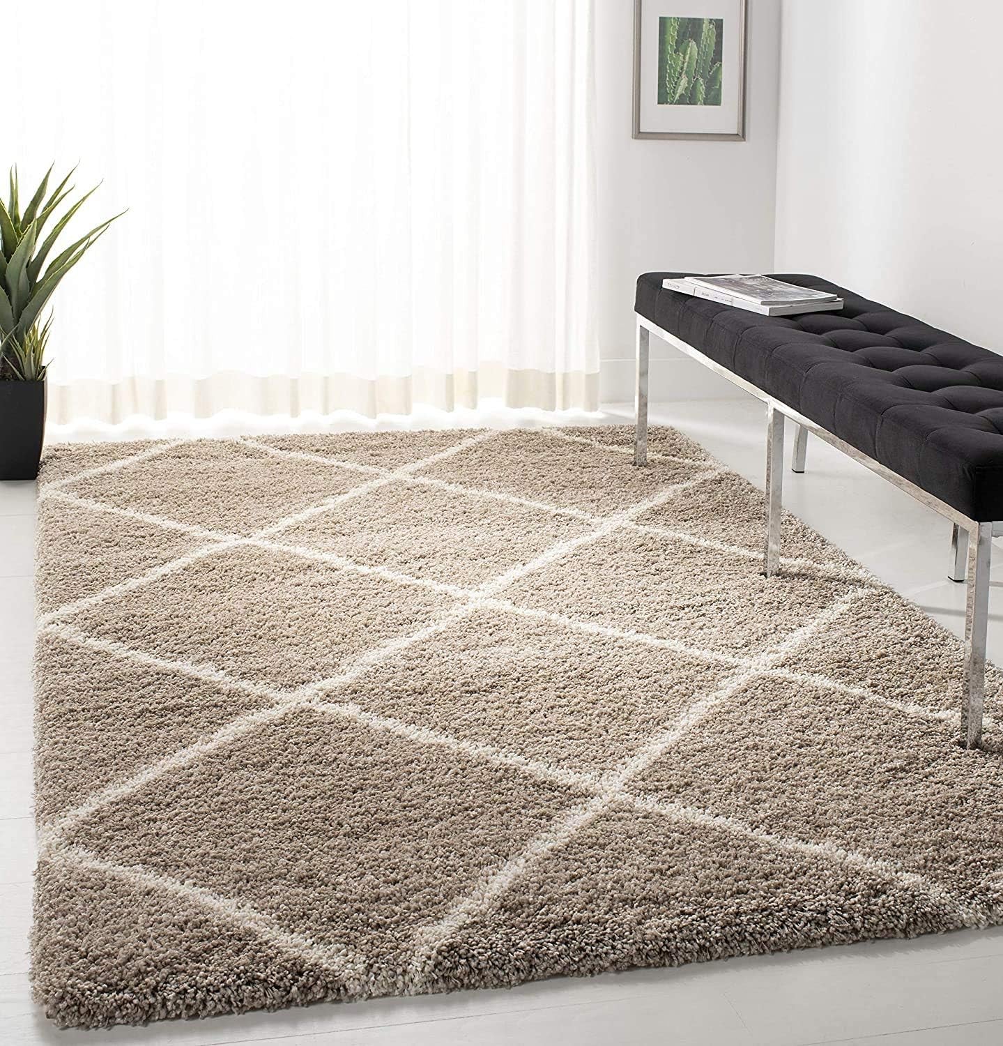 Hudson Shag Collection Area Rug - 7' Square, Beige & Ivory, Modern Trellis Design, Non-Shedding & Easy Care, 2-Inch Thick Ideal for High Traffic Areas in Living Room, Bedroom (SGH281S)