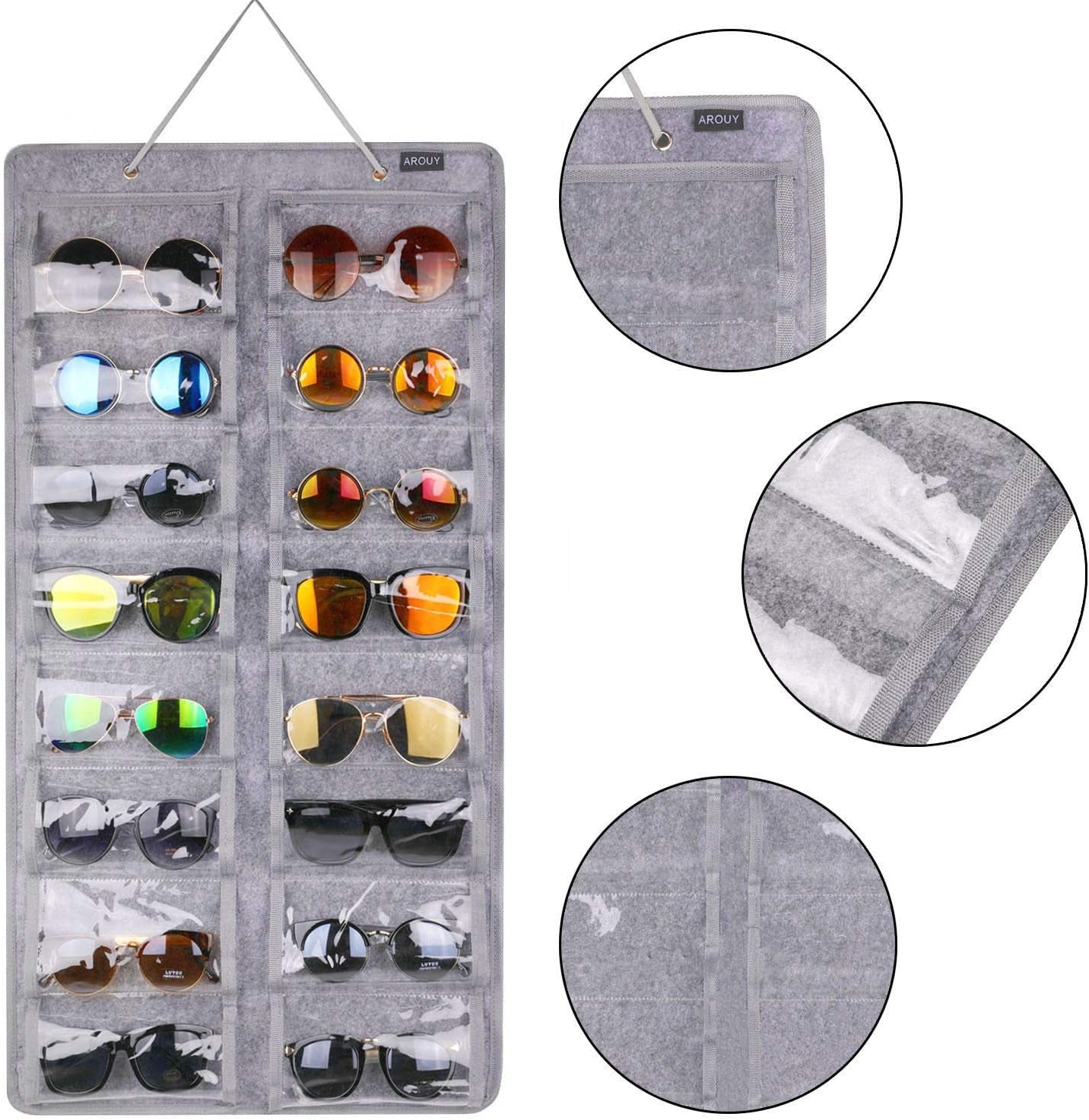 Sunglasses Organizer Storage, Hanging Dust Proof Wall Pocket Glasses Organizer - 16 Felt Slots Sunglass Organizer Holder with Metal Hook and Sturdy Rope (Gray, Dust Proof)