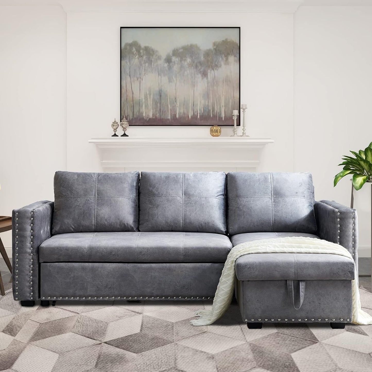 Couches for Living Room,Pull Out Sofa Bed Sectional Sleeper with Storage (Gray, 91×64)