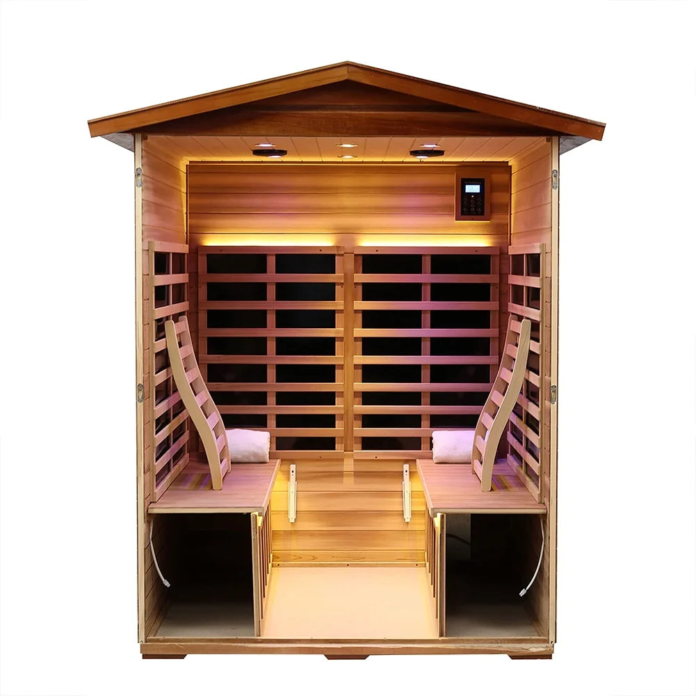 Outdoor Mahogany Sauna, 4 Person Far Sauna 2050W Wooden Sauna Spa with LED Reading Lamp