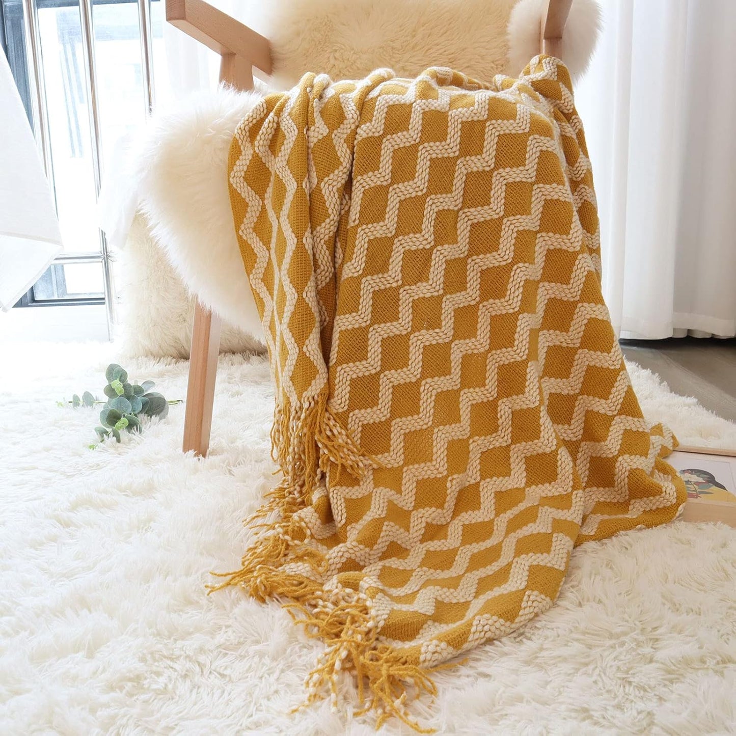 Throw Blanket for Couch, Decorative Knit Woven Knitted Throw Blankets for Sofa Bed Living Room Travel, 50 X 68 Inches, Yellow