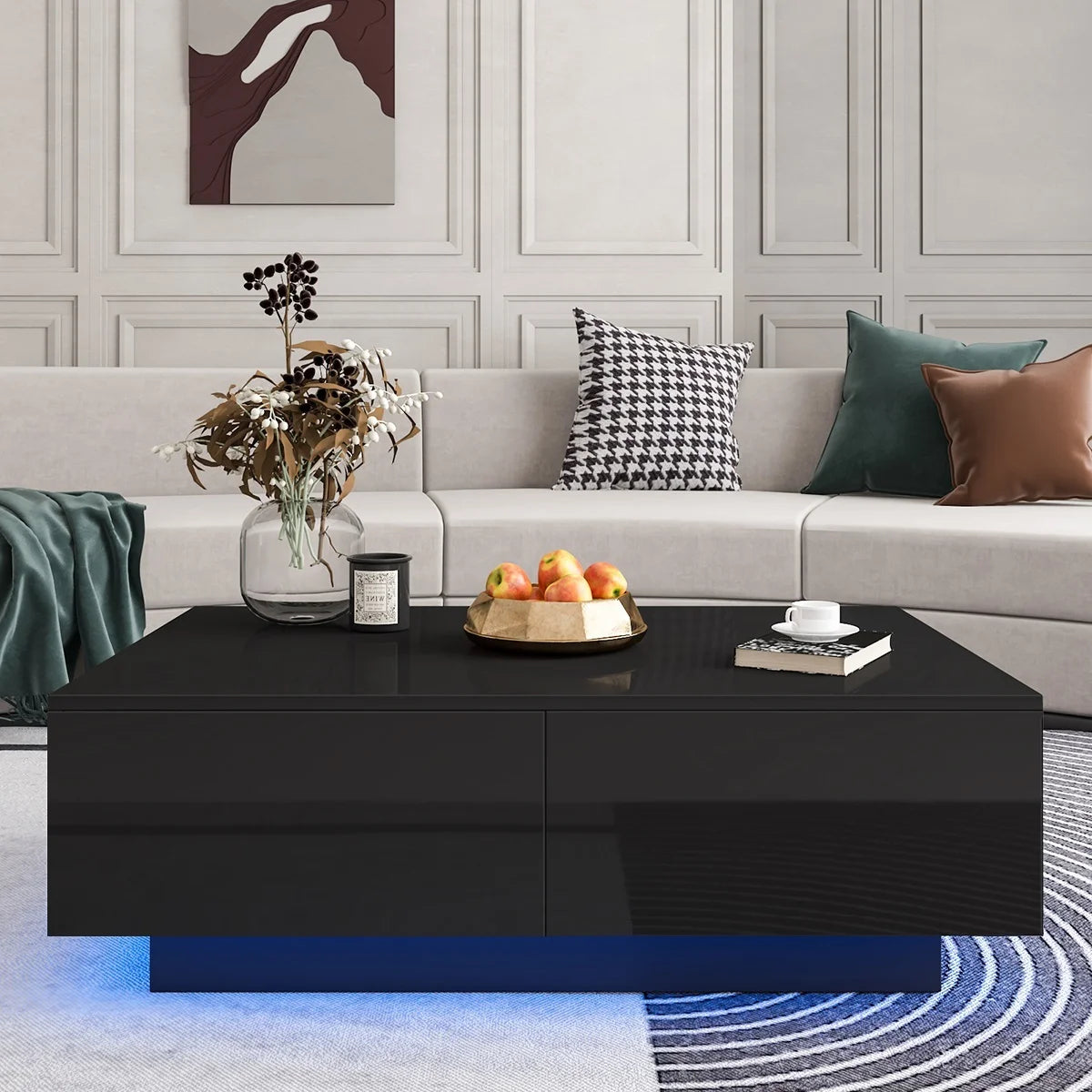 LED Coffee Table with 4 Drawers Modern Center Cocktail End Side Table Black High Gloss Finish for Living Room