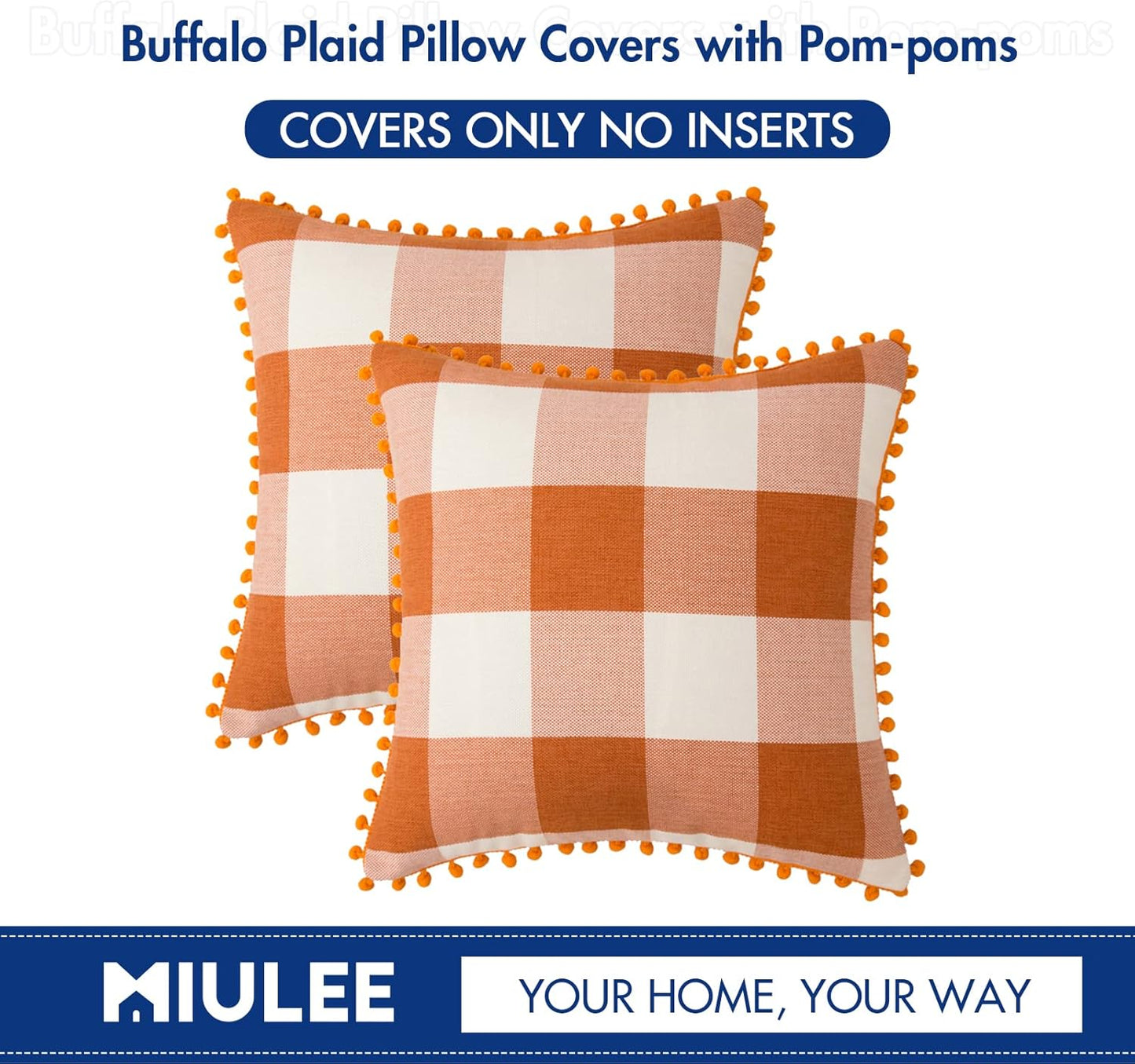 Set of 2 Fall Throw Pillow Covers 18X18 Inch Buffalo Plaid Check Pillow Covers with Pom-Poms Decorative Couch Throw Pillows Farmhouse Cushion Cases for Sofa Orange and White