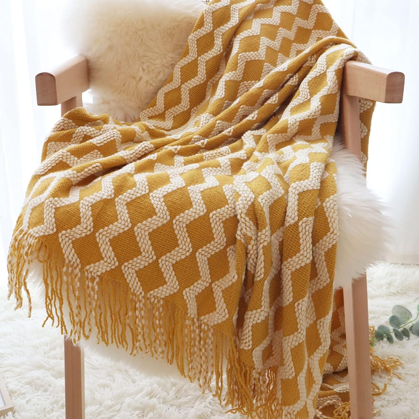 Throw Blanket for Couch, Decorative Knit Woven Knitted Throw Blankets for Sofa Bed Living Room Travel, 50 X 68 Inches, Yellow