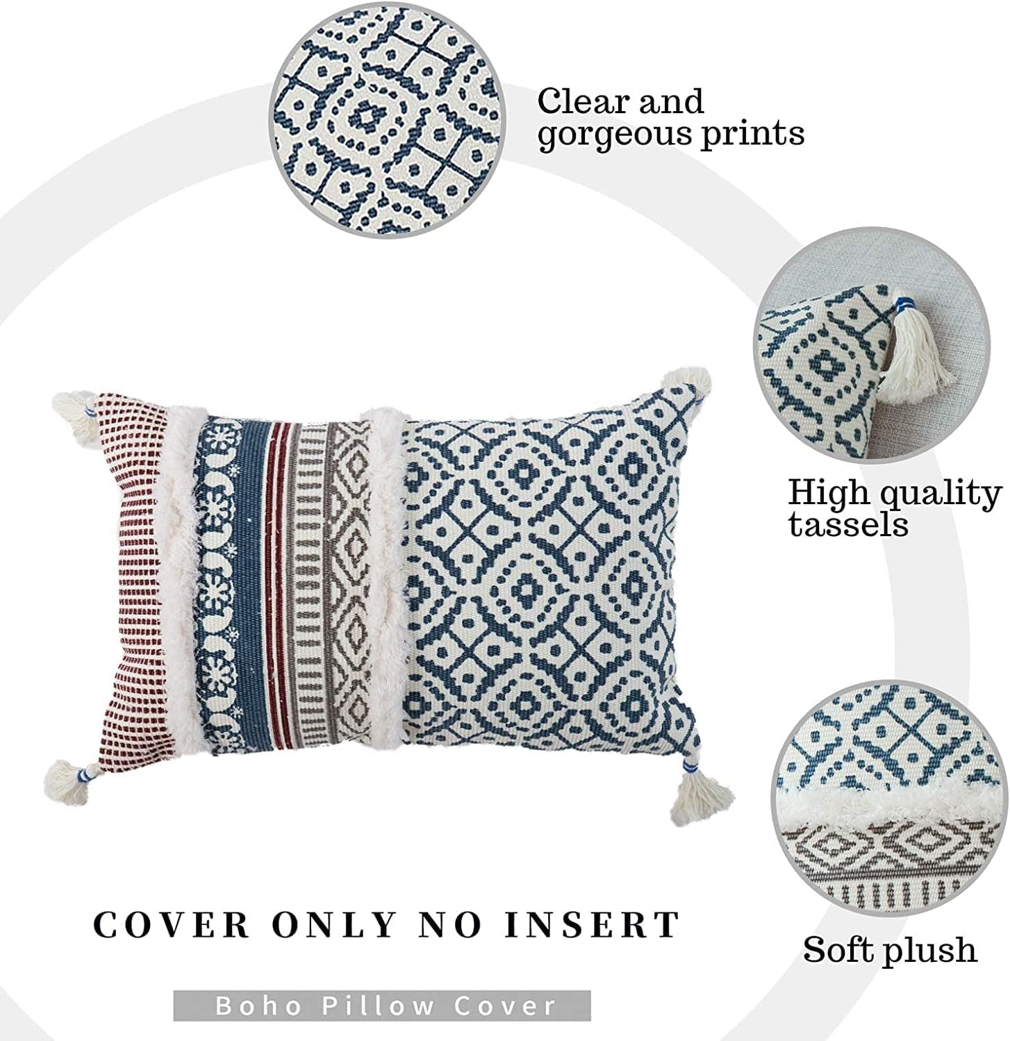 Boho Lumbar Small Decorative Pillow Cover for Couch Sofa - Modern Moroccan Pillow Case with Tassels, Cute Farmhouse Pillowcase for Bedroom Living Room Car Hotel, 12 X 20 Inches, Blue