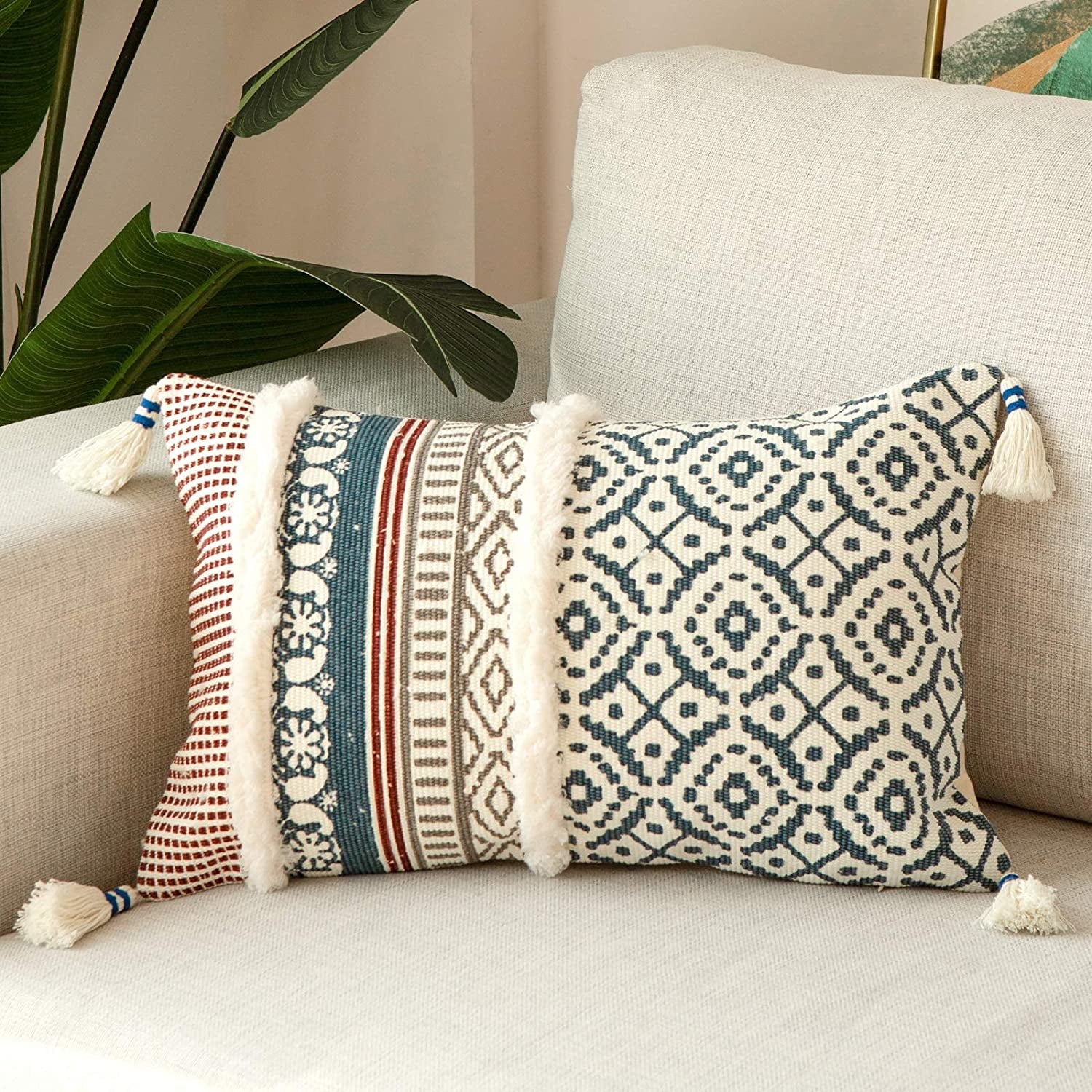 Boho Lumbar Small Decorative Pillow Cover for Couch Sofa - Modern Moroccan Pillow Case with Tassels, Cute Farmhouse Pillowcase for Bedroom Living Room Car Hotel, 12 X 20 Inches, Blue