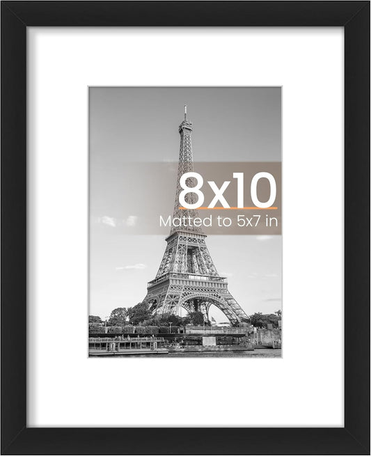 8x10 Black Picture Frame with Mat for 5x7 Photos or Without Mat for 8x10 Photos, Wall Hanging, Single Pack