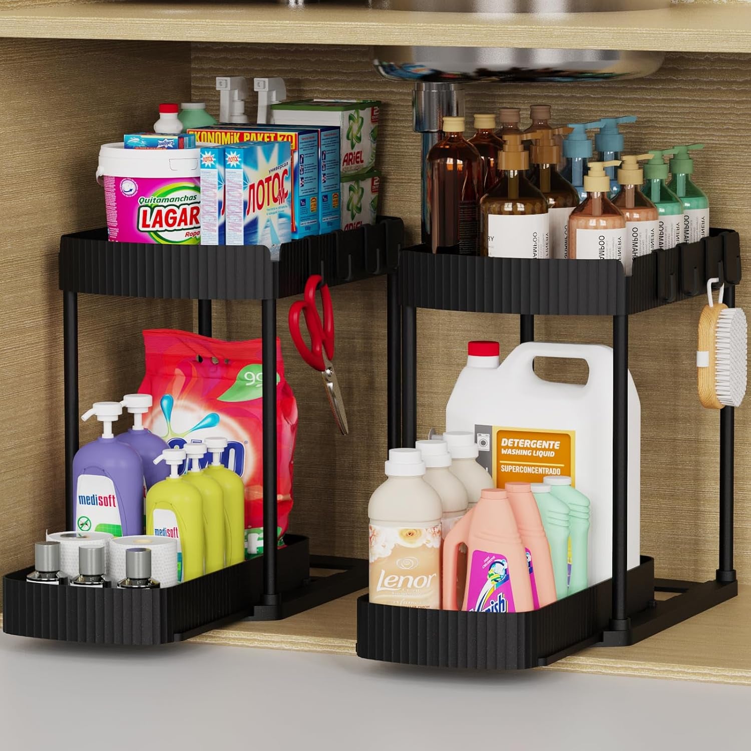 Maximize Your Space: 2 Pack Multi-Purpose Pull-Out Under Sink Organizers for Bathroom & Kitchen - 12.8 Inch Black Storage Solutions