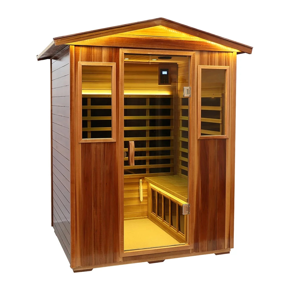 Outdoor Mahogany Sauna, 4 Person Far Sauna 2050W Wooden Sauna Spa with LED Reading Lamp