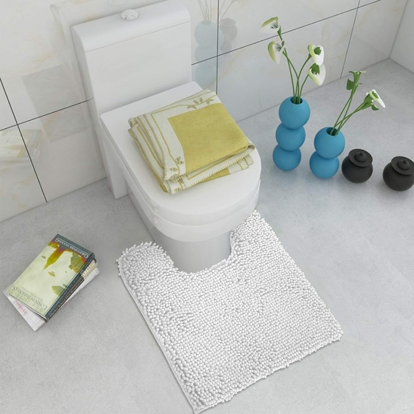 Non-Slip Shaggy Chenille Toilet Contour Bathroom Rug with Water Absorbent, 24 X 21 Inches U-Shaped White